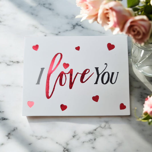 ❤️💌 “I Love You” Valentine’s Card | Small Hearts Italic Writing Design | Horizontal Folding Card - Auras Workshop Auras Workshop