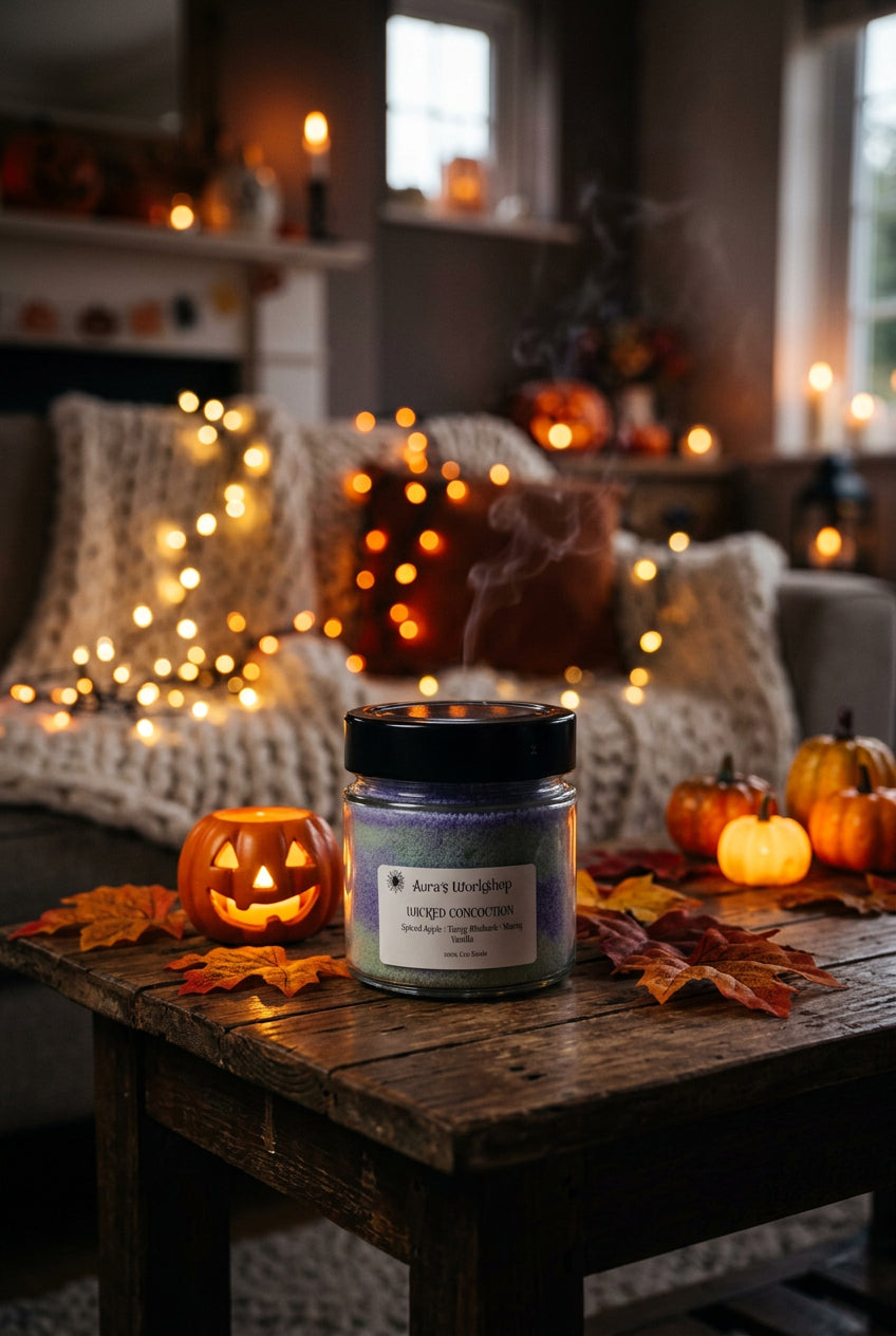 Wicked Concoction Halloween eco snow candle by Aura's Workshop - Spiced Apple, Tangy Rhubarb & Warm Vanilla