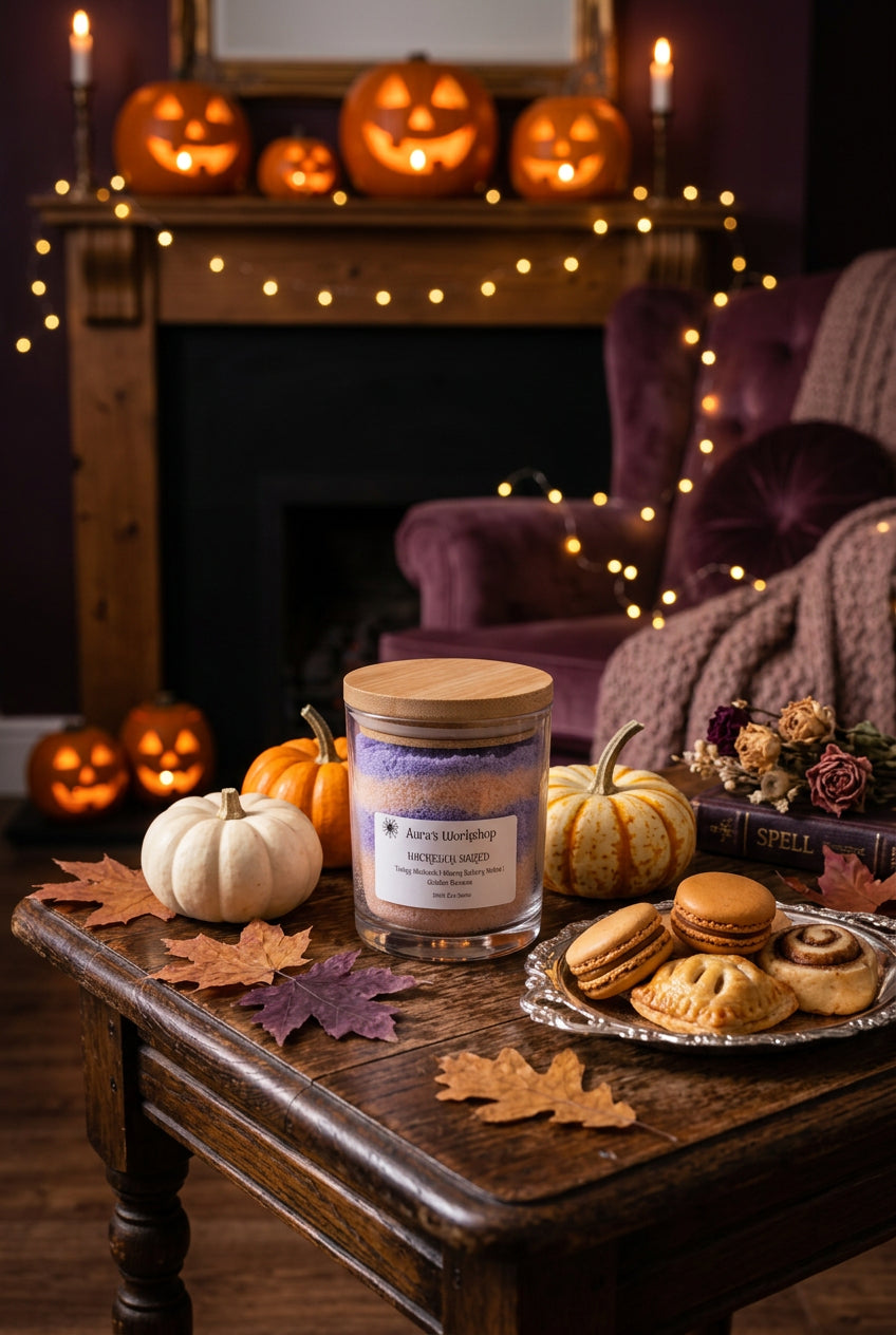 Wickedly Baked Halloween eco snow candle (large) by Aura's Workshop - Tangy Rhubarb, Warm Bakery Notes & Golden Banana