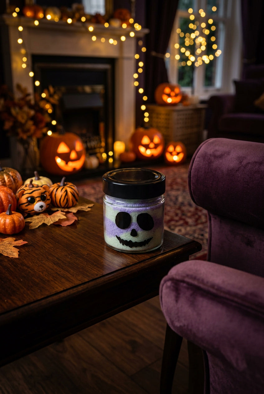 Wicked Concoction Halloween candle in a glass jar with a spooky skull face - violet and green eco snow wax