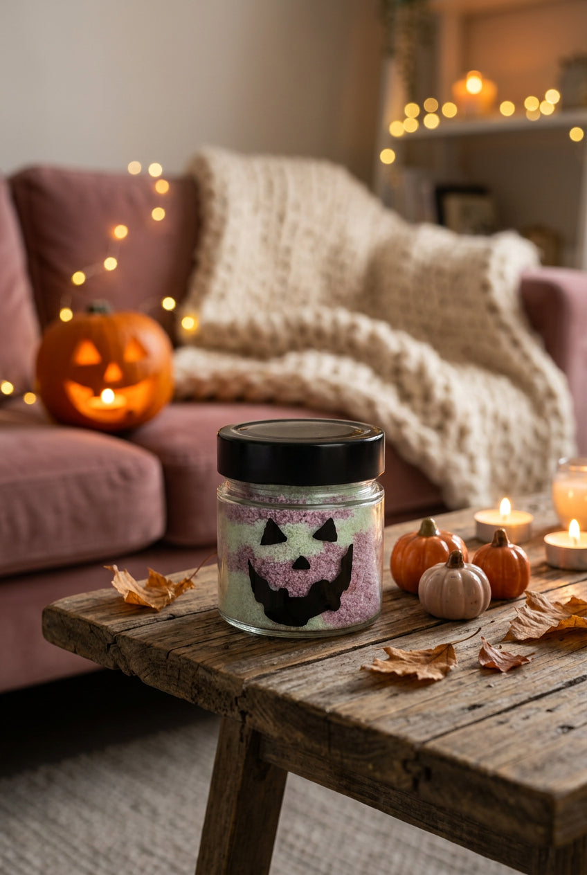 Beautiful Decay Halloween candle in a glass jar with a jack-o'-lantern face - plum, rose and mint eco snow wax