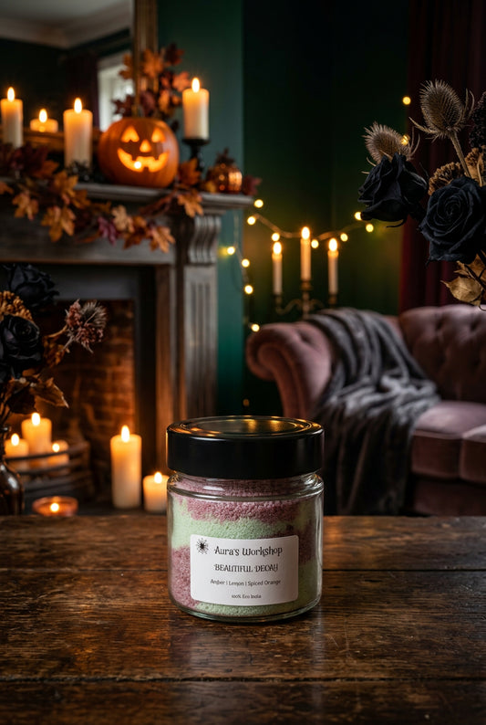 Beautiful Decay Halloween eco snow candle by Aura's Workshop - Amber, Lemon & Spiced Orange