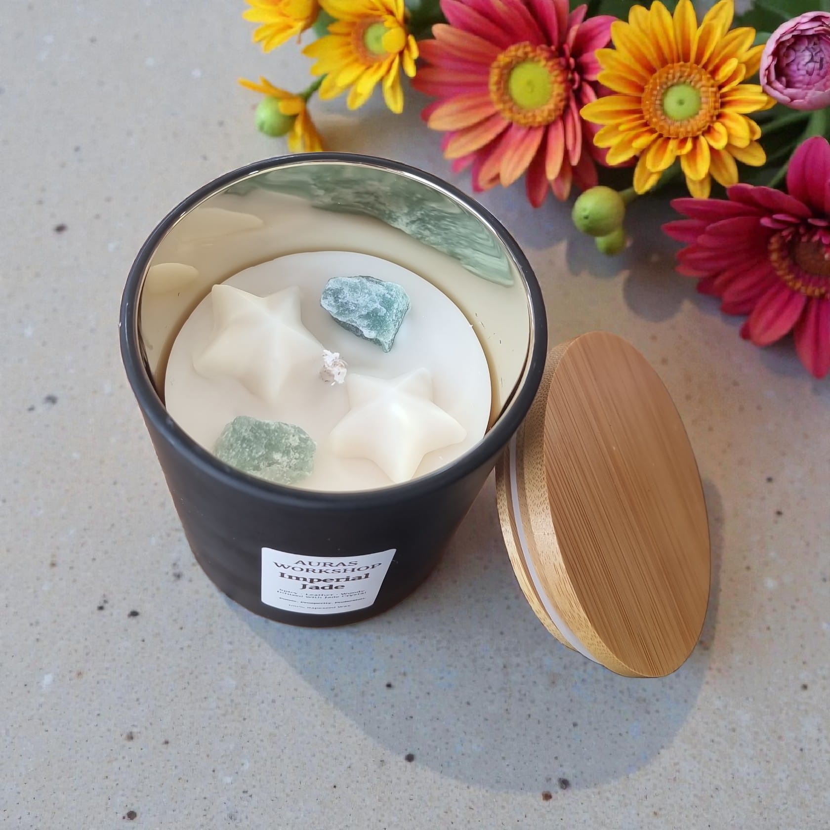 💚✨ Imperial Jade Candle | Aura’s Workshop | Spicy Leather & Woody Notes | Jade Crystal Infused | 100% Rapeseed Wax - Auras Workshop Auras Workshop
