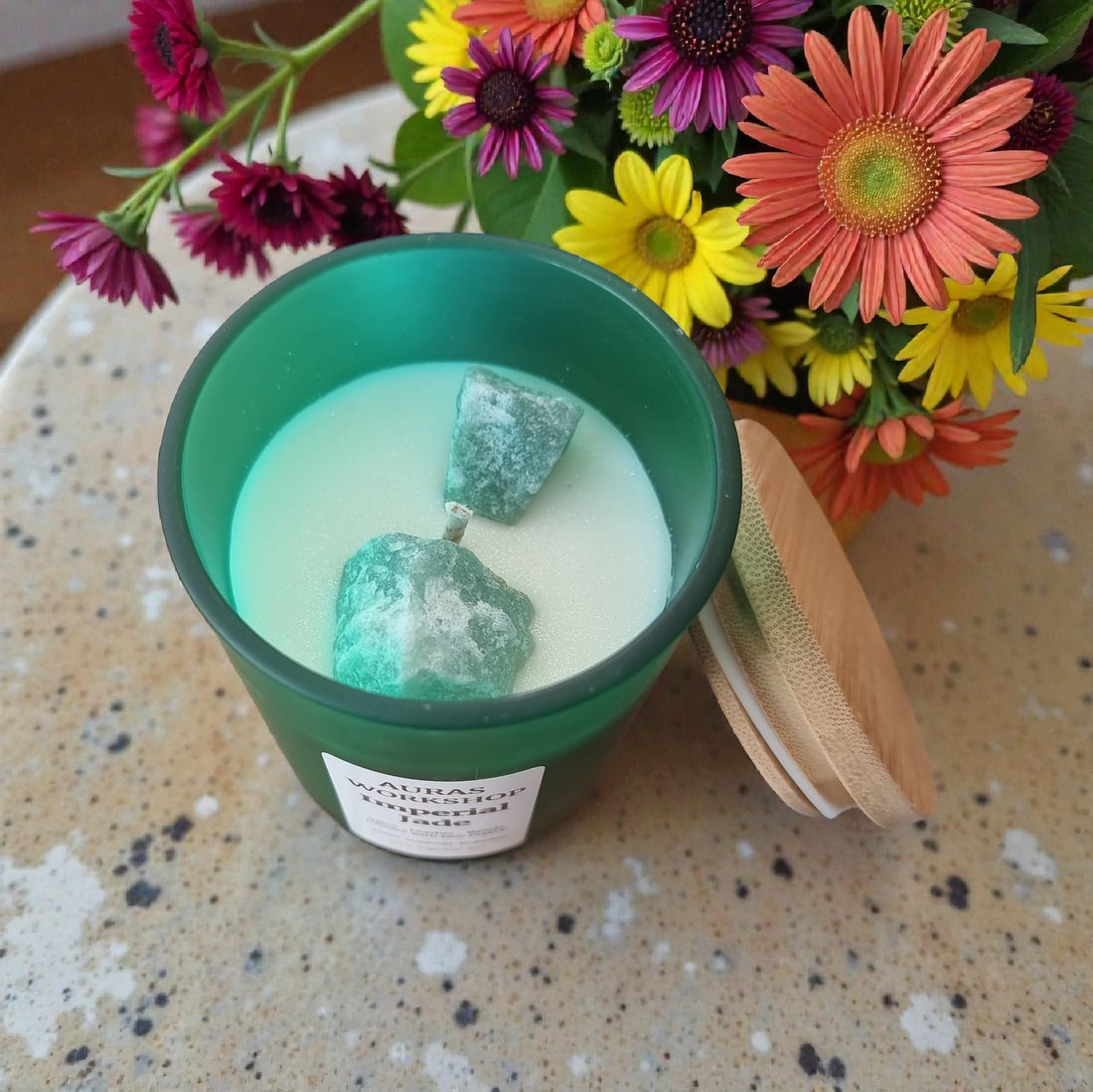 💚✨ Imperial Jade Candle | Aura’s Workshop | Spicy Leather & Woody Notes | Jade Crystal Infused | 100% Rapeseed Wax - Auras Workshop Auras Workshop