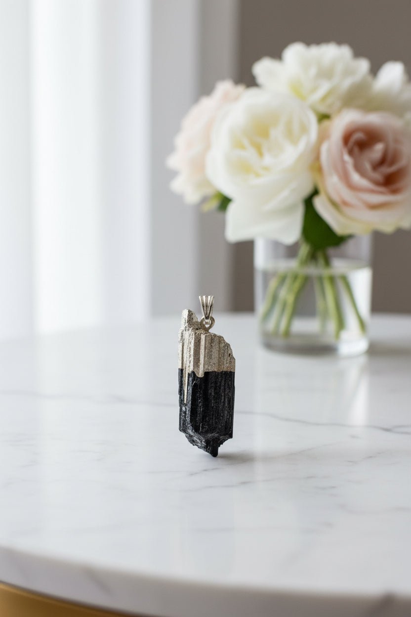 Indian Black Tourmaline Silver Plated Pendant – Crystal Jewellery - Auras Workshop Auras Workshop