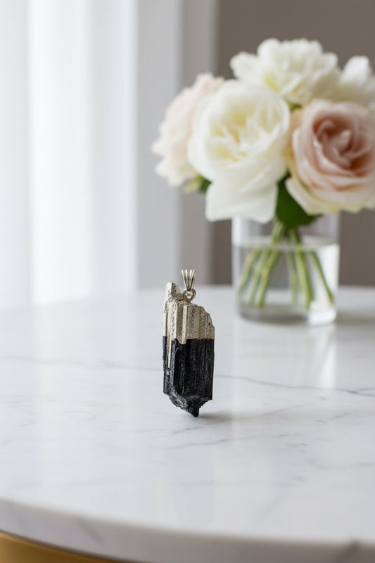 Indian Black Tourmaline Silver Plated Pendant – Crystal Jewellery - Auras Workshop Auras Workshop
