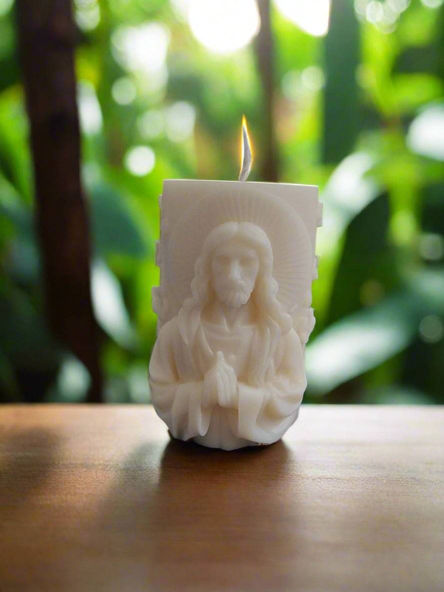 Jesus Pillar Candle – Lotus Scented for Peace & Devotion - Auras Workshop Auras Workshop