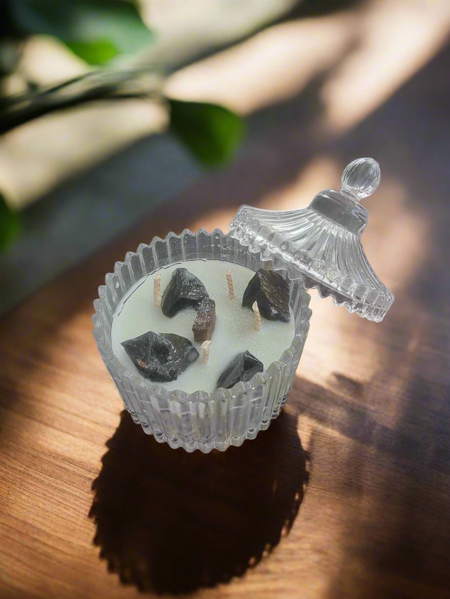 Lemon & Ginger Scented Crystal Candle – Infused with 4 Black Obsidian Crystals & 1 Tiger’s Eye Crystal