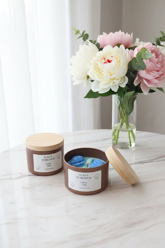 Lotus Tide Scented Candle Medium Tin with Wax Melts & Seashells - Auras Workshop Auras Workshop