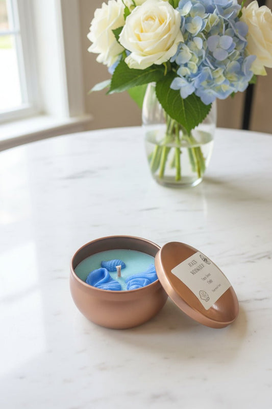 Lotus Tide Scented Candle Tin with Wax Melts & Seashells - Auras Workshop Auras Workshop