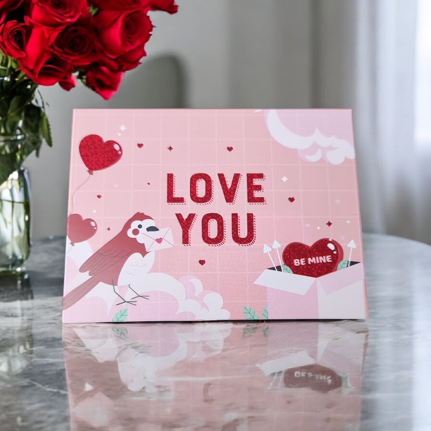 ❤️💌 “Love You” Valentine’s Card | Illustrated Design Bird - Be Mine Heart | Horizontal Folding Card - Auras Workshop Auras Workshop
