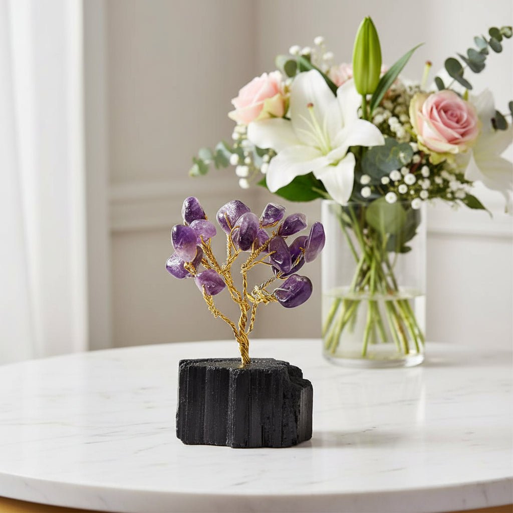 Mini Amethyst Crystal Tree with Black Tourmaline Base – Protection, Calm & Spiritual Energy - Auras Workshop Auras Workshop