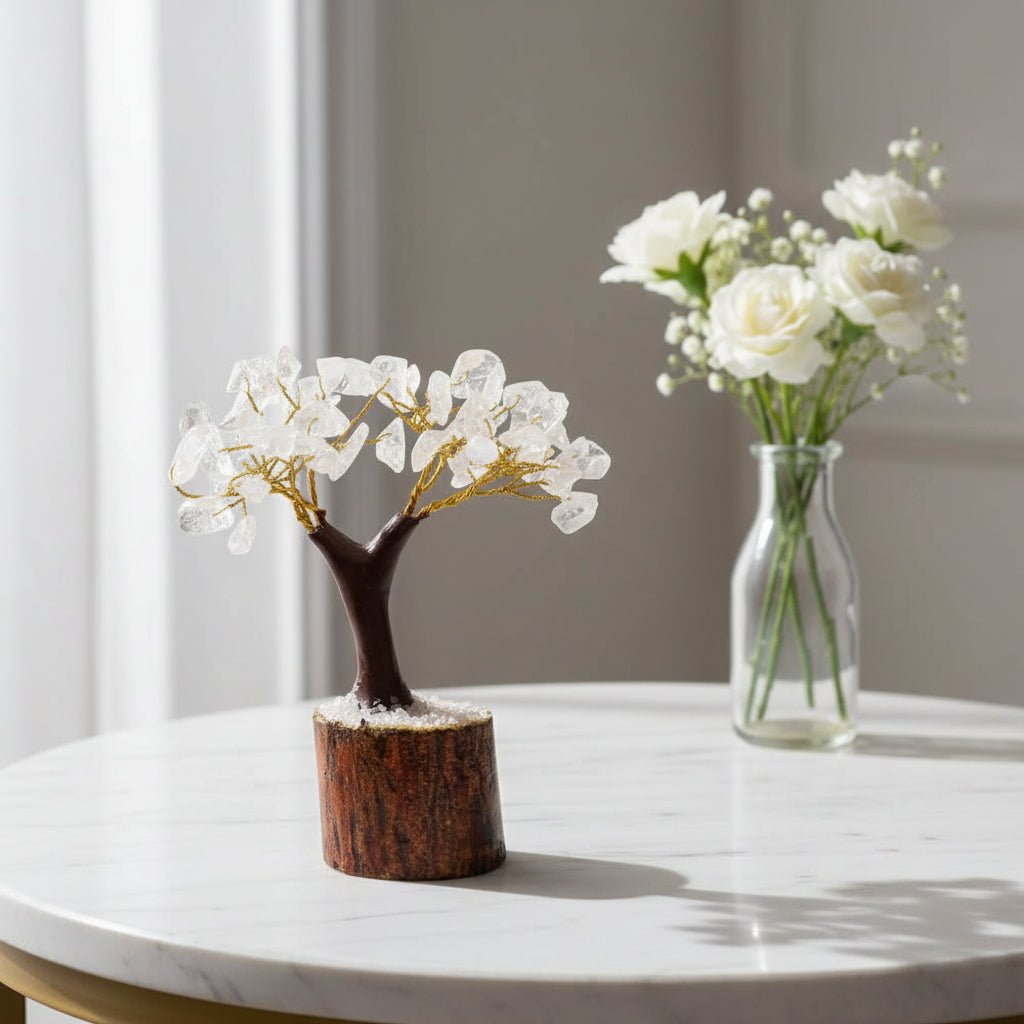 Mini Clear Quartz Crystal Tree with Wooden Base - Auras Workshop Auras Workshop