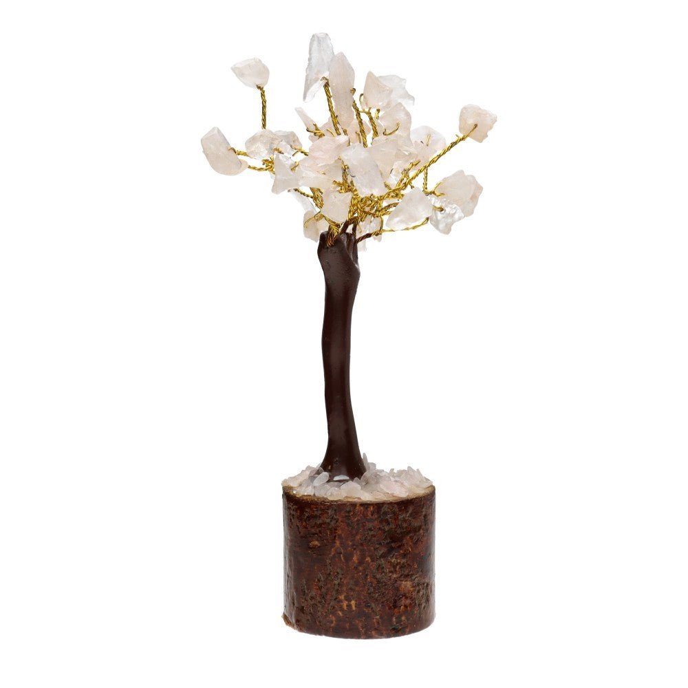 Mini Rose Quartz Crystal Tree with Wooden Base – 13 cm - Auras Workshop Auras Workshop