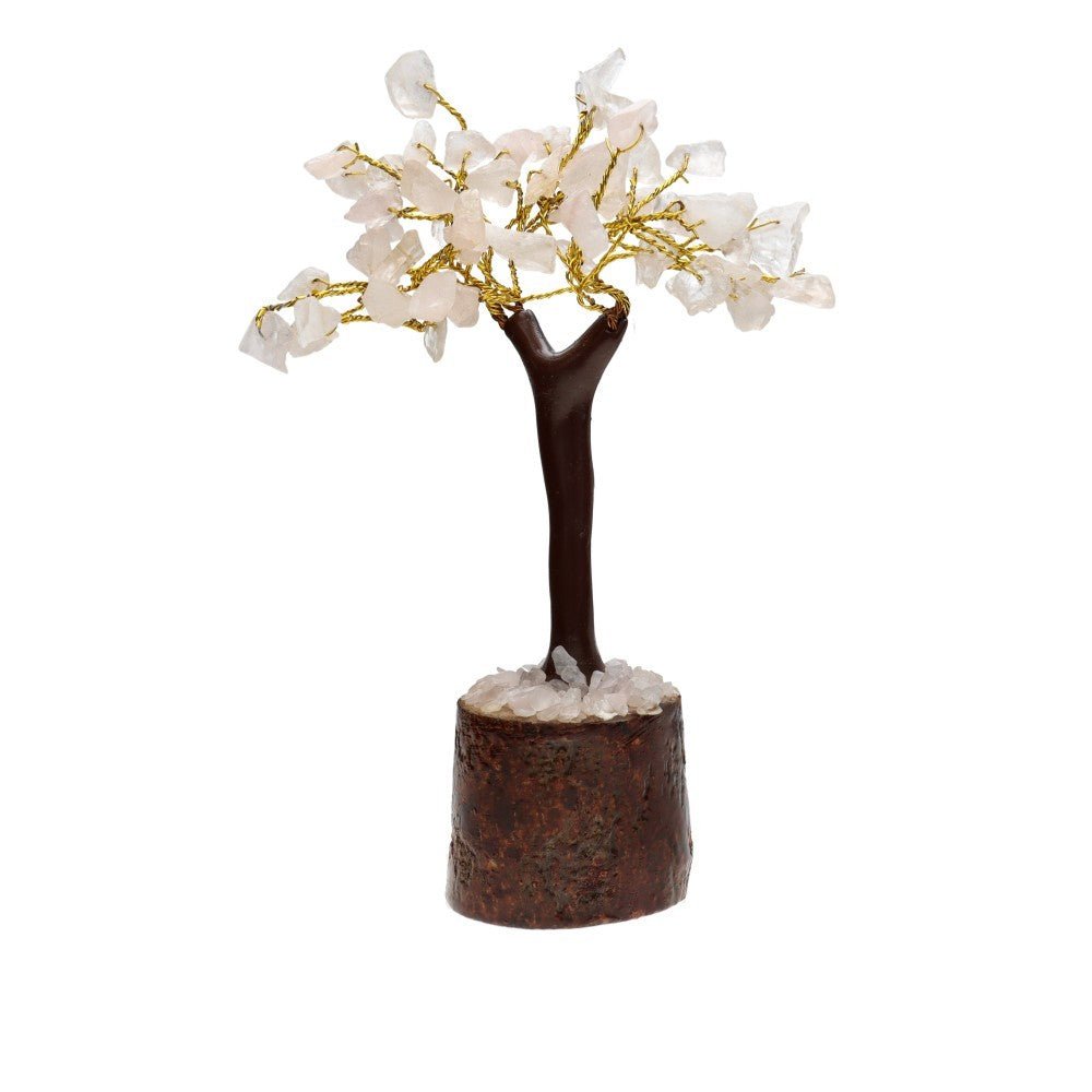 Mini Rose Quartz Crystal Tree with Wooden Base – 13 cm - Auras Workshop Auras Workshop