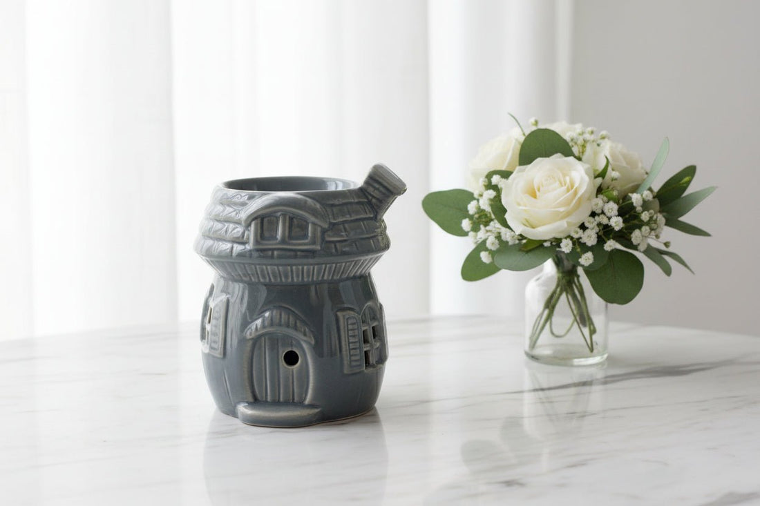 🍄✨ Mushroom House Oil & Wax Burner – Grey | Decorative Ceramic Burner - Auras Workshop Auras Workshop