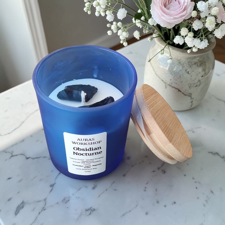 🖤 Obsidian Nocturne Crystal Candle – Vanilla Orchid, Smoked Pumpkin & Sandalwood