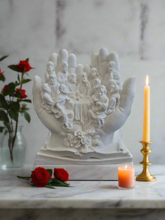 Open Praying Hands with Last Supper Design & Bible Book Base – Porcelain Home Decor 🙏✨ - Auras Workshop Auras Workshop