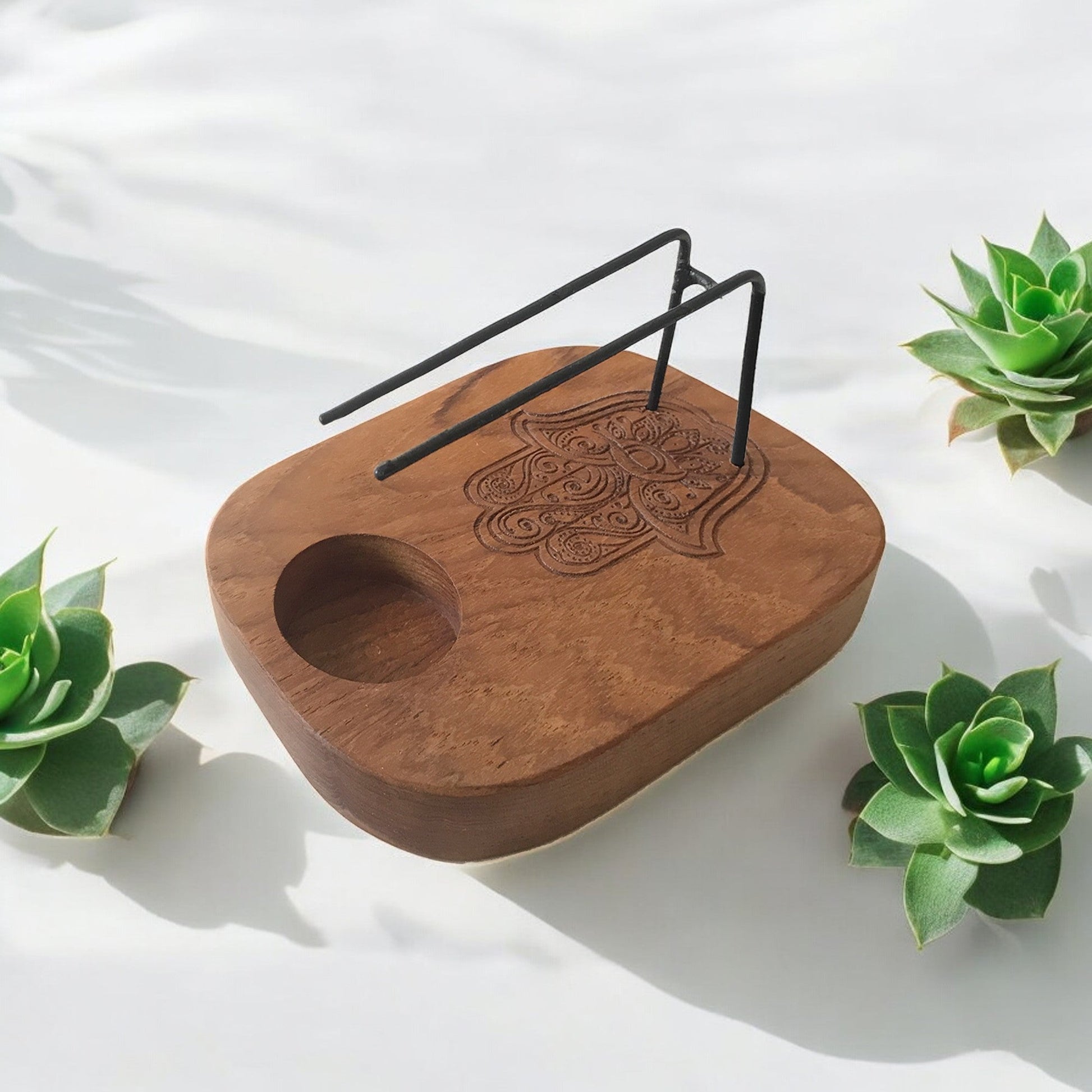Palo Santo & Smudge Heater - Teak Wood - Hamsa Design - Auras Workshop Auras Workshop