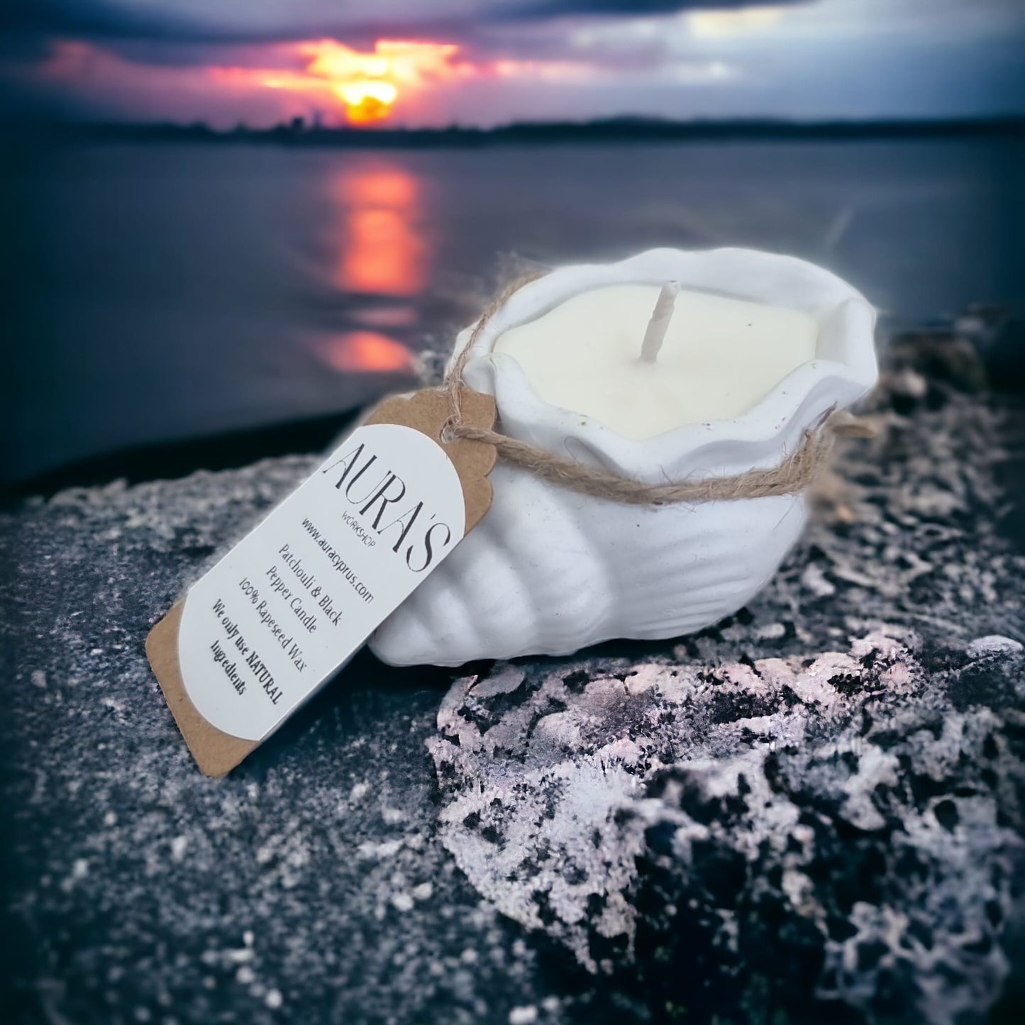 Patchouli & Black Pepper Candle in Seashell Ceramic Pot - Auras Workshop Auras Workshop