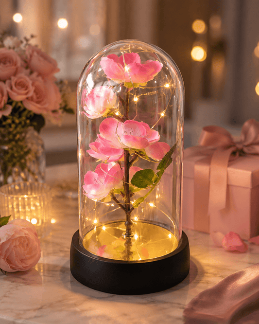 Pink Orchid LED Flower Gift in Glass Dome – Elegant Light-Up Floral Display - Auras Workshop Auras Workshop