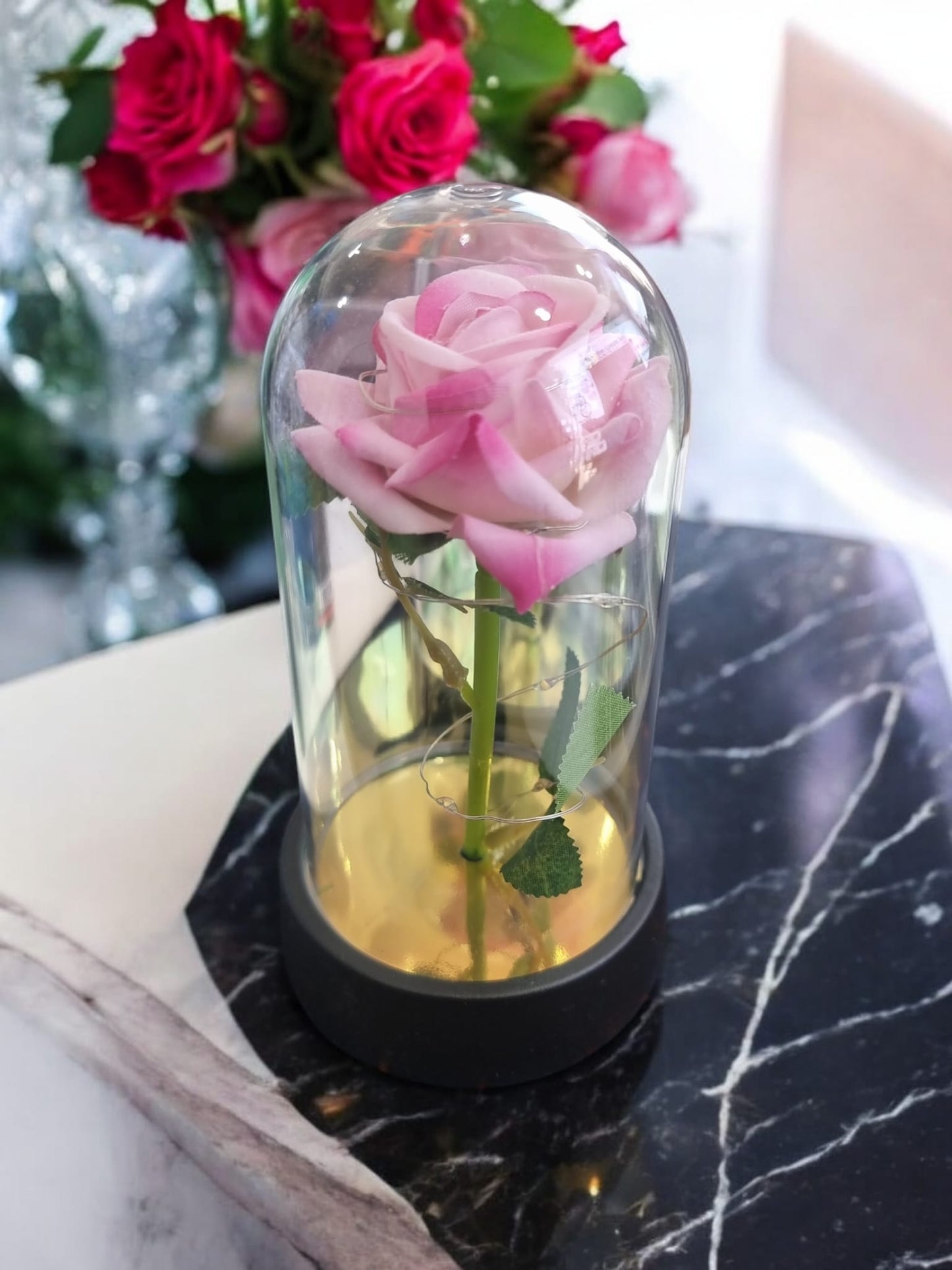 Pink Rose in Glass Acrylic Cylinder with Lights - A Perfect Valentines Gift - Auras Workshop Auras Workshop