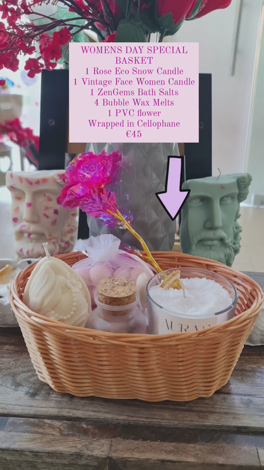 Womens Day Gift Basket - Rose Eco Snow Candle, Strawberry Rum Wax Melts, Bath Salts Zen Gems, Vintage Women Face Candle Sculpture, PVC Rose Flower