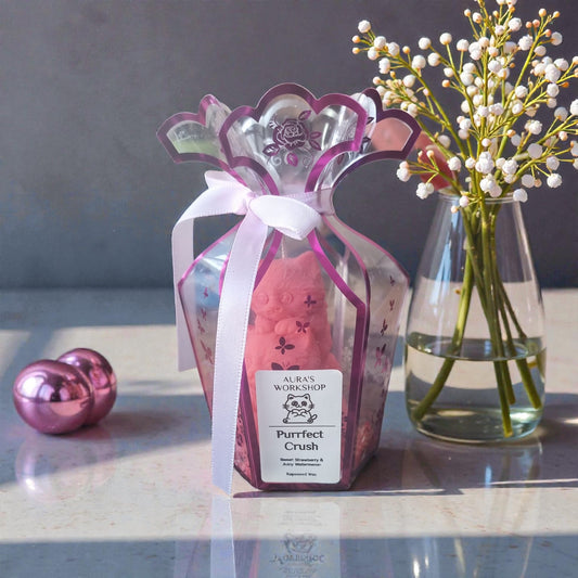 🐾🍓 Purrfect Crush Candle | Aura’s Workshop | Three Stacked Cats | Sweet Strawberry & Juicy Watermelon - Auras Workshop Auras Workshop