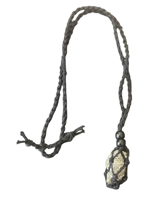 Raw Pyrite Crystal Macramé Black Necklace – Abundance, Confidence & Prosperity Crystal Jewellery - Auras Workshop Auras Workshop