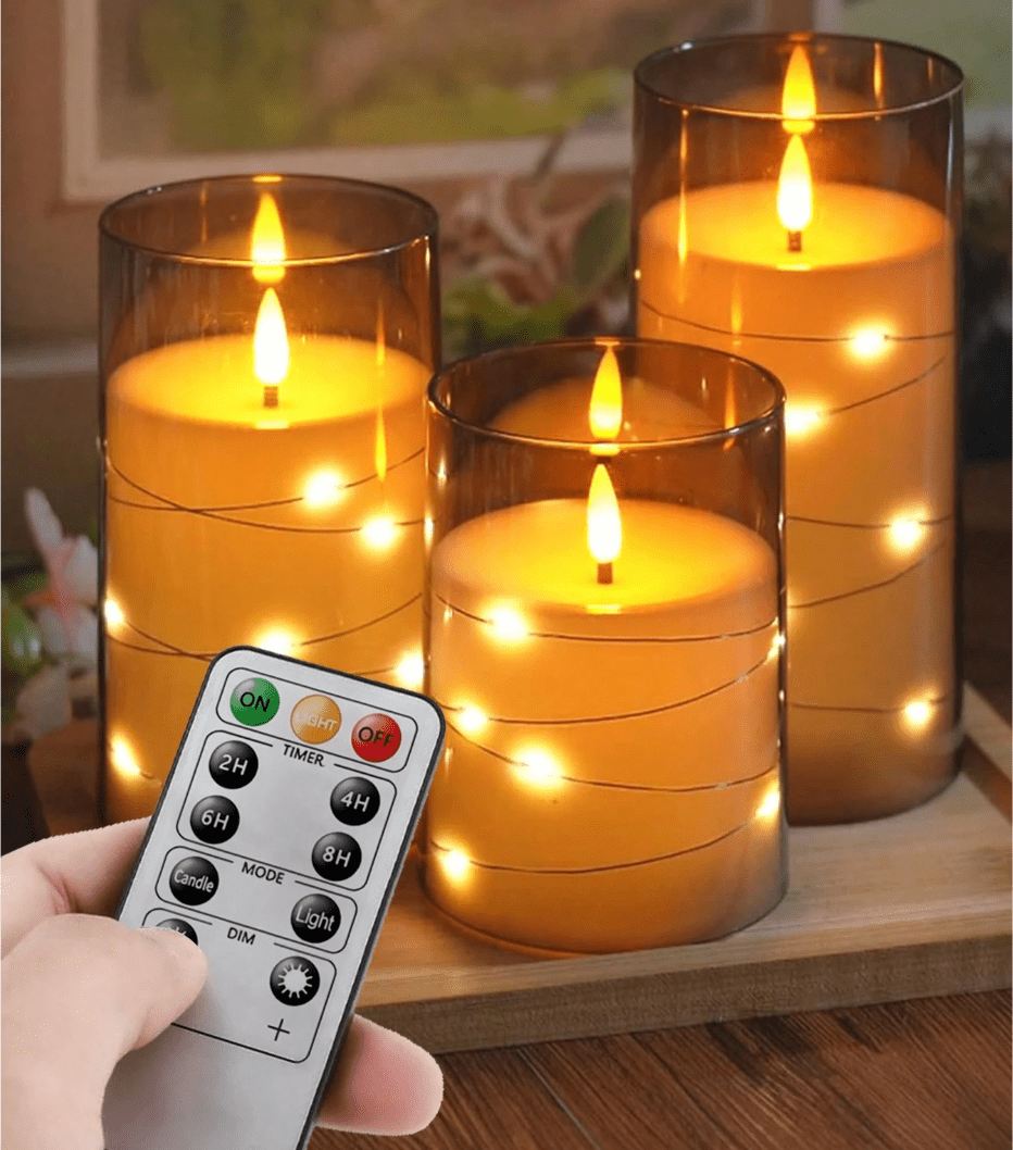 🕯️✨ Remote Control Fairy Light Candle Lamps – Set of 3 (No Box) | Flameless Flickering Candles | Grey Acrylic | 4” / 5” / 6” - Auras Workshop Auras Workshop
