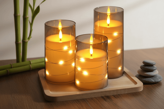 🕯️✨ Remote Control Fairy Light Candle Lamps – Set of 3 (No Box) | Flameless Flickering Candles | Grey Acrylic | 4” / 5” / 6” - Auras Workshop Auras Workshop