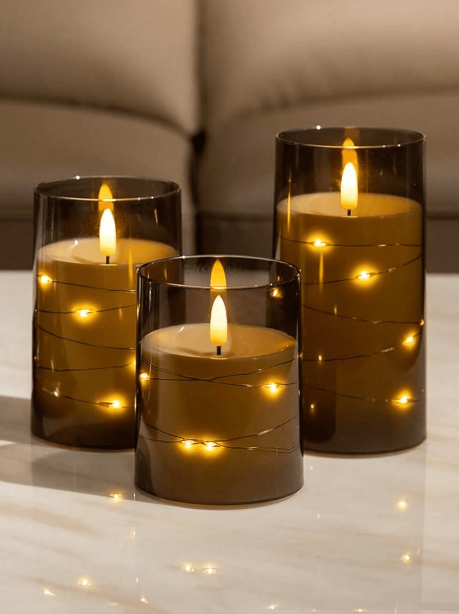 🕯️✨ Remote Control Fairy Light Candle Lamps – Set of 3 (No Box) | Flameless Flickering Candles | Grey Acrylic | 4” / 5” / 6” - Auras Workshop Auras Workshop