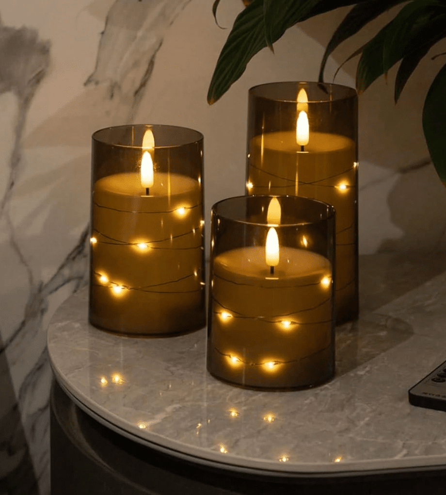 🕯️✨ Remote Control Fairy Light Candle Lamps – Set of 3 (No Box) | Flameless Flickering Candles | Grey Acrylic | 4” / 5” / 6” - Auras Workshop Auras Workshop