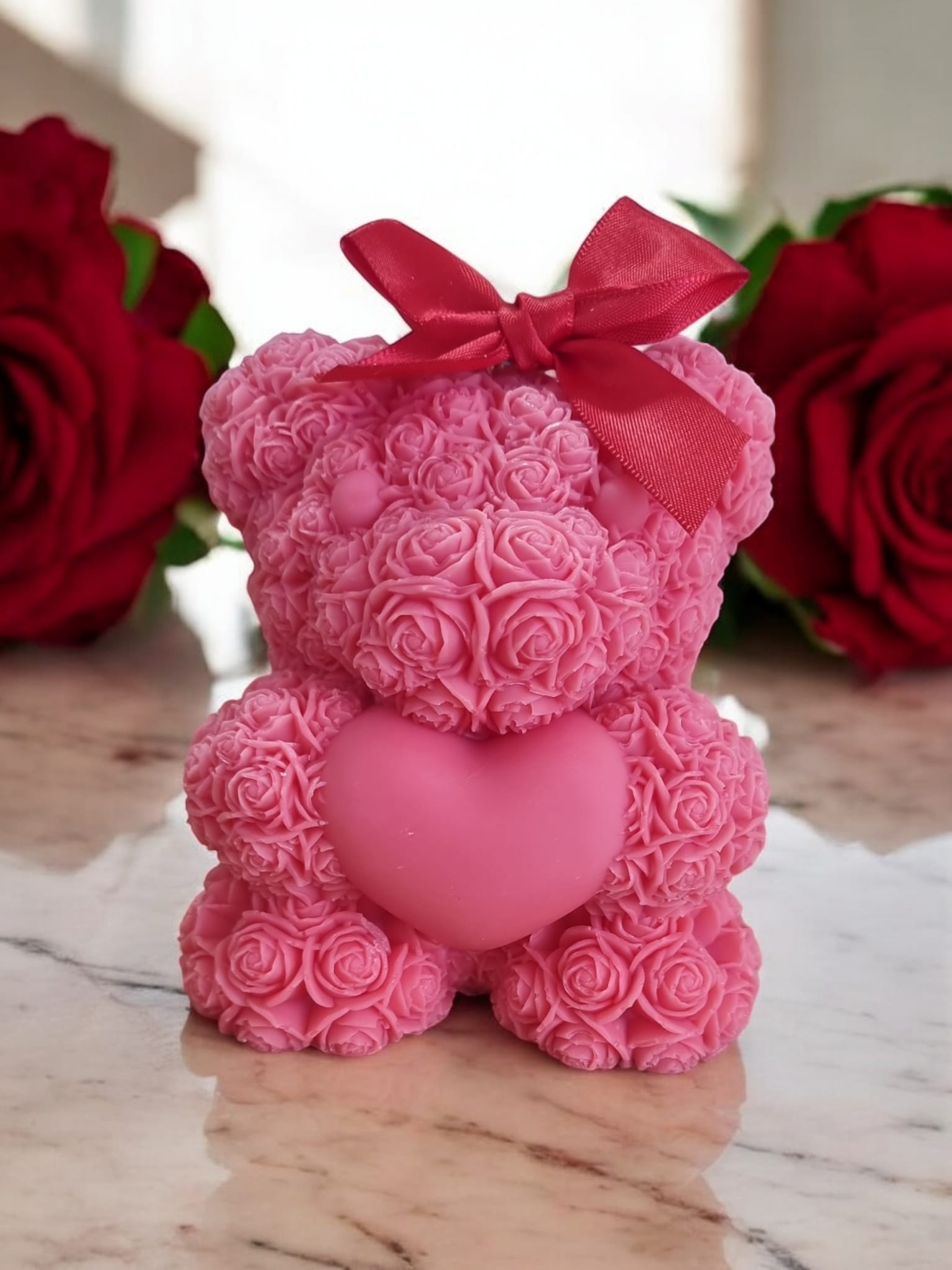 Rose Teddy Bear Large Candle – Strawberry Bubblegum Scented | Romantic Gift - Auras Workshop Auras Workshop