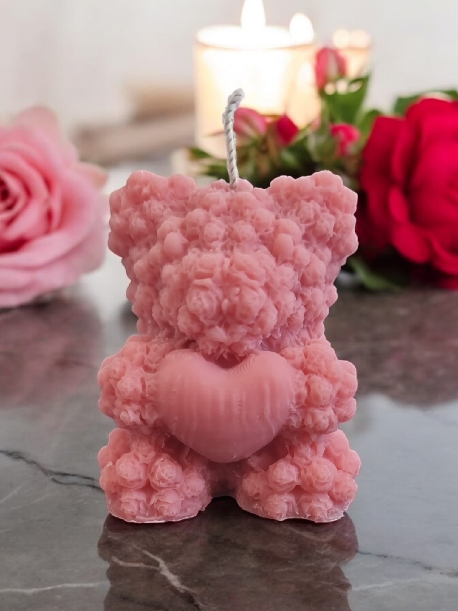 Rose Teddy Bear Smal Candle – Strawberry Bubblegum Scented | Romantic Gift - Auras Workshop Auras Workshop