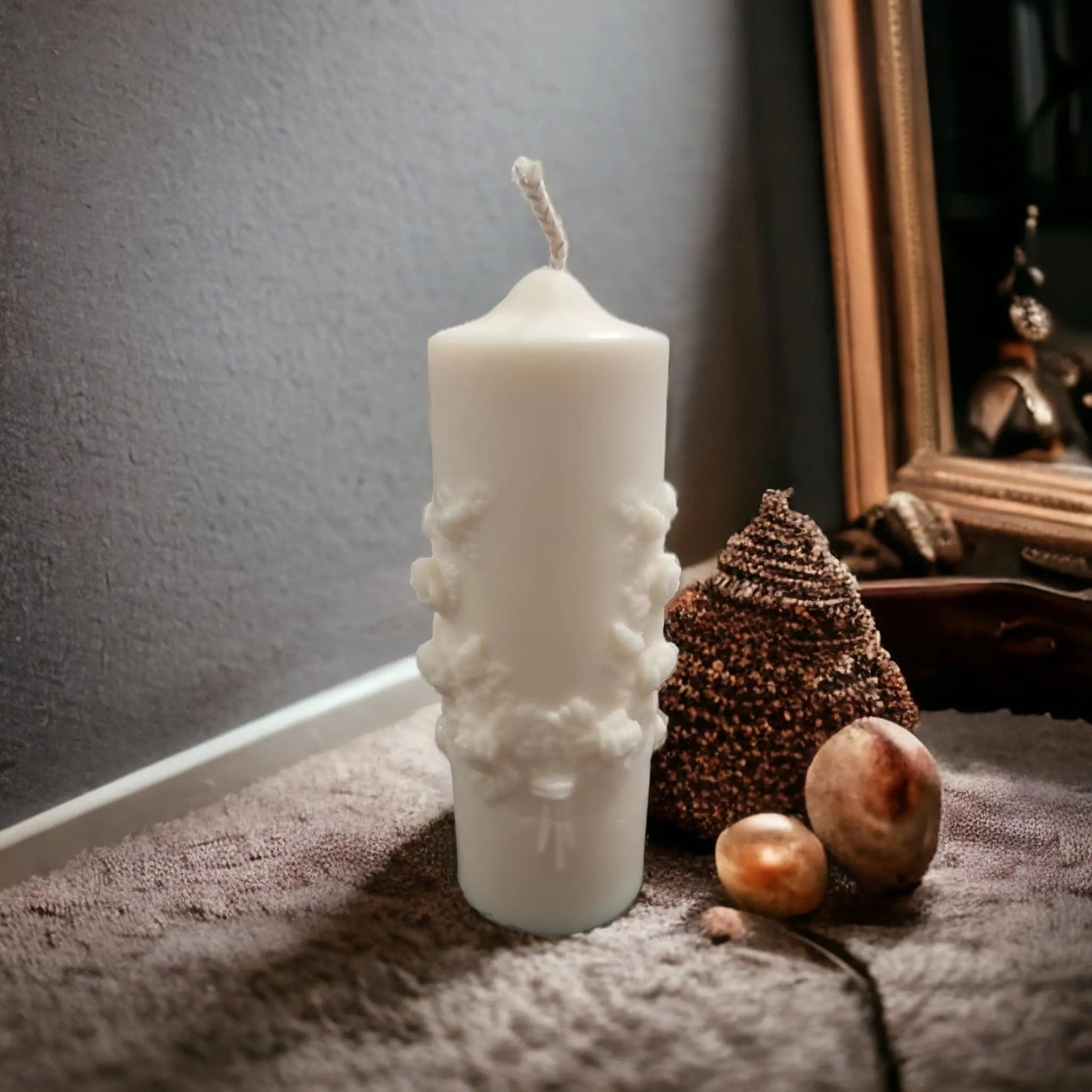 Rosemary & Bay Wreath Scented Pillar Candle with Rose Design - Auras Workshop Auras Workshop