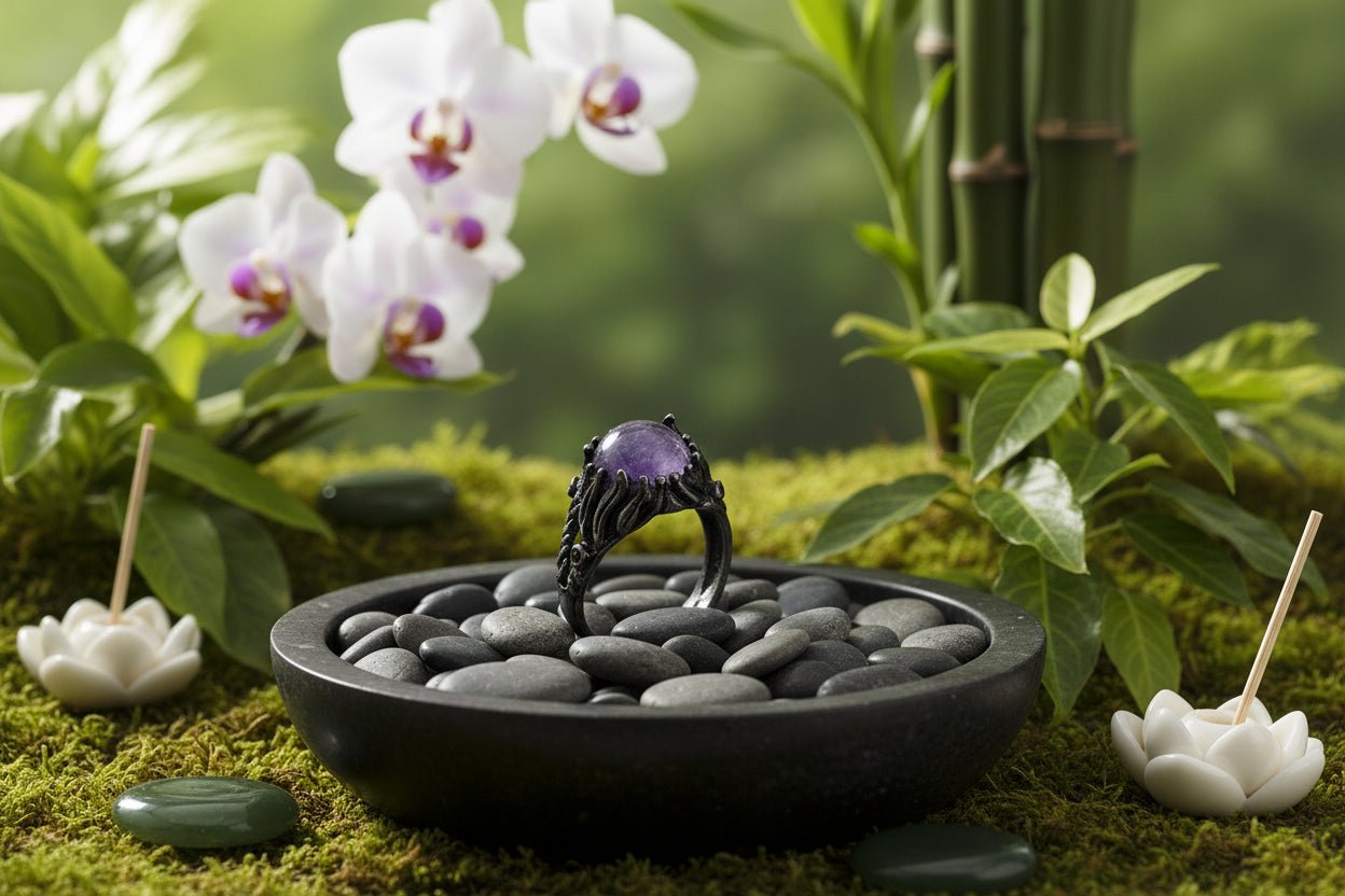 💜✨ Round Amethyst Ring | Silver Tone | Calm & Intuition Crystal Jewellery - Auras Workshop Auras Workshop