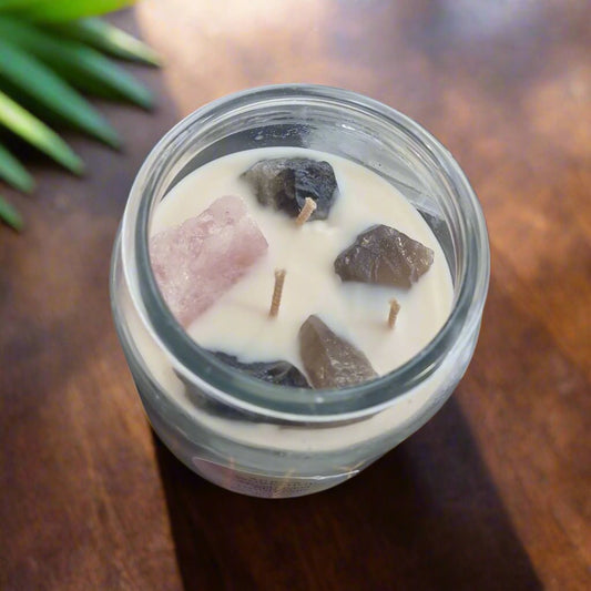 Sacred Orchid Whisper Crystal Candle – 100% Olive Wax with Smoky Quartz & Rose Quartz - Auras Workshop Auras Workshop