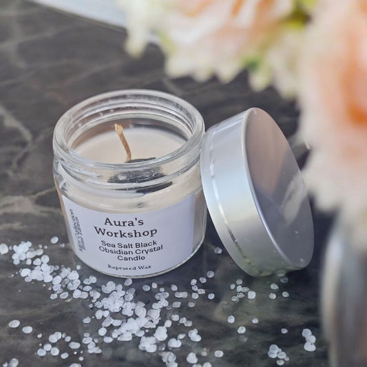 🌊 Sea Salt & Black Obsidian Crystal Candle – Travel Candle | Rapeseed Wax by Aura’s Workshop - Auras Workshop Auras Workshop