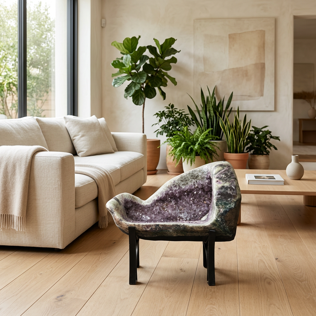 Amethyst Geode Throne Chair – 53–103 cm, 300 kg – shown in a living room setting