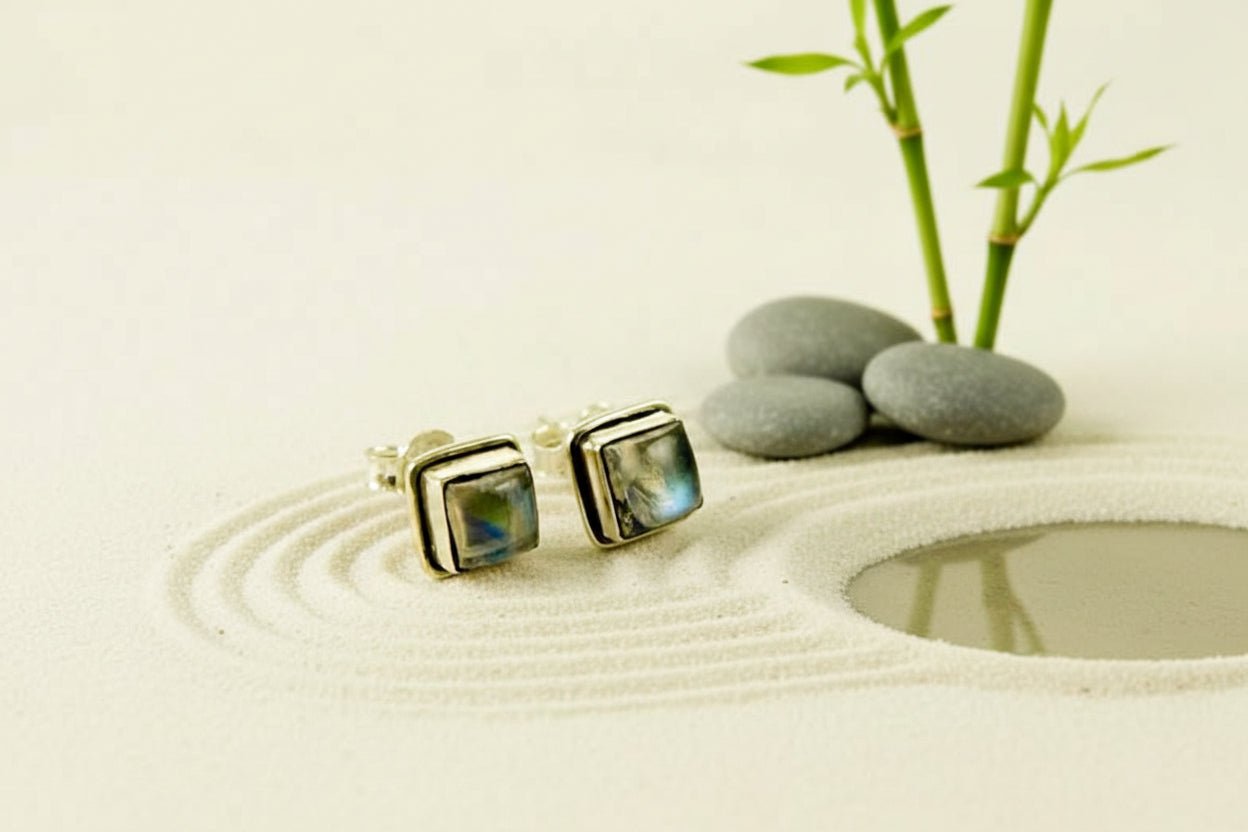 ✨🩶 Silver Labradorite Square Stud Earrings | Protection & Intuition Crystal Jewellery - Auras Workshop Auras Workshop