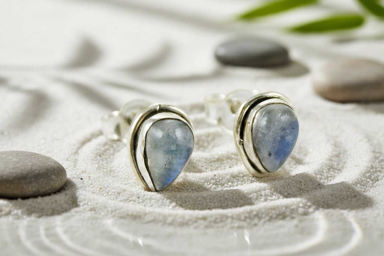 ✨💧 Silver Labradorite Stud Earrings | Water Drop Design | Protection & Intuition Crystal Jewellery - Auras Workshop Auras Workshop