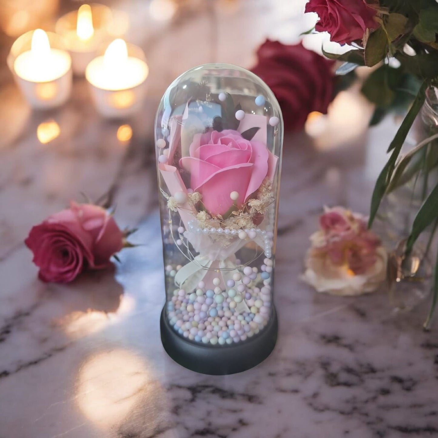 🌸✨ Single Pink Rose Bouquet Glow Glass Dome Light – Large | LED Floral Display | A Perfect Valentine’s Gift - Auras Workshop Auras Workshop
