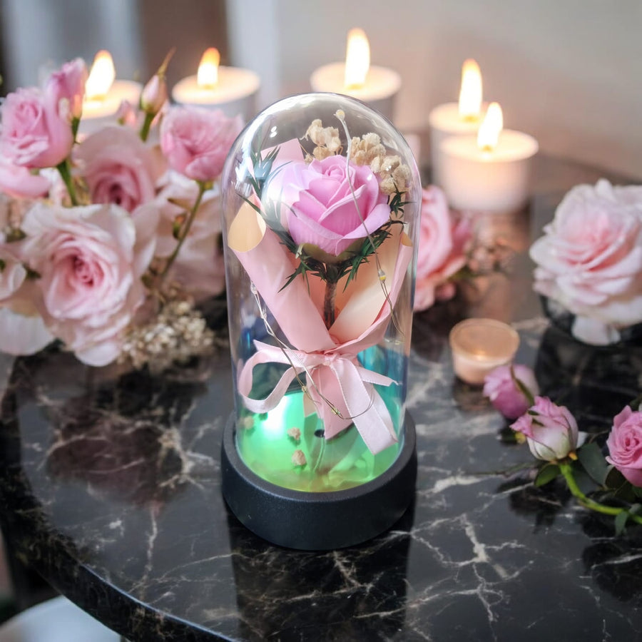 🌸✨ Single Pink Rose Bouquet Glow Glass Dome Light – Small