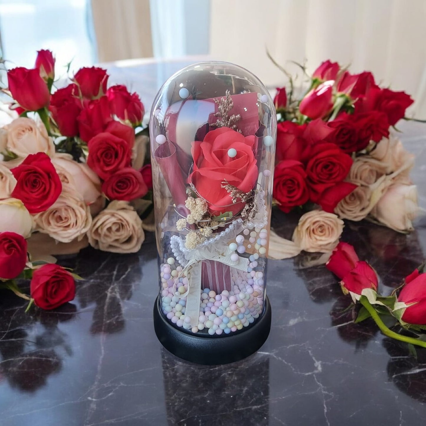 🌹✨ Single Red Rose Bouquet Glow Glass Dome Light – Large | LED Floral Display | A Perfect Valentine’s Gift - Auras Workshop Auras Workshop