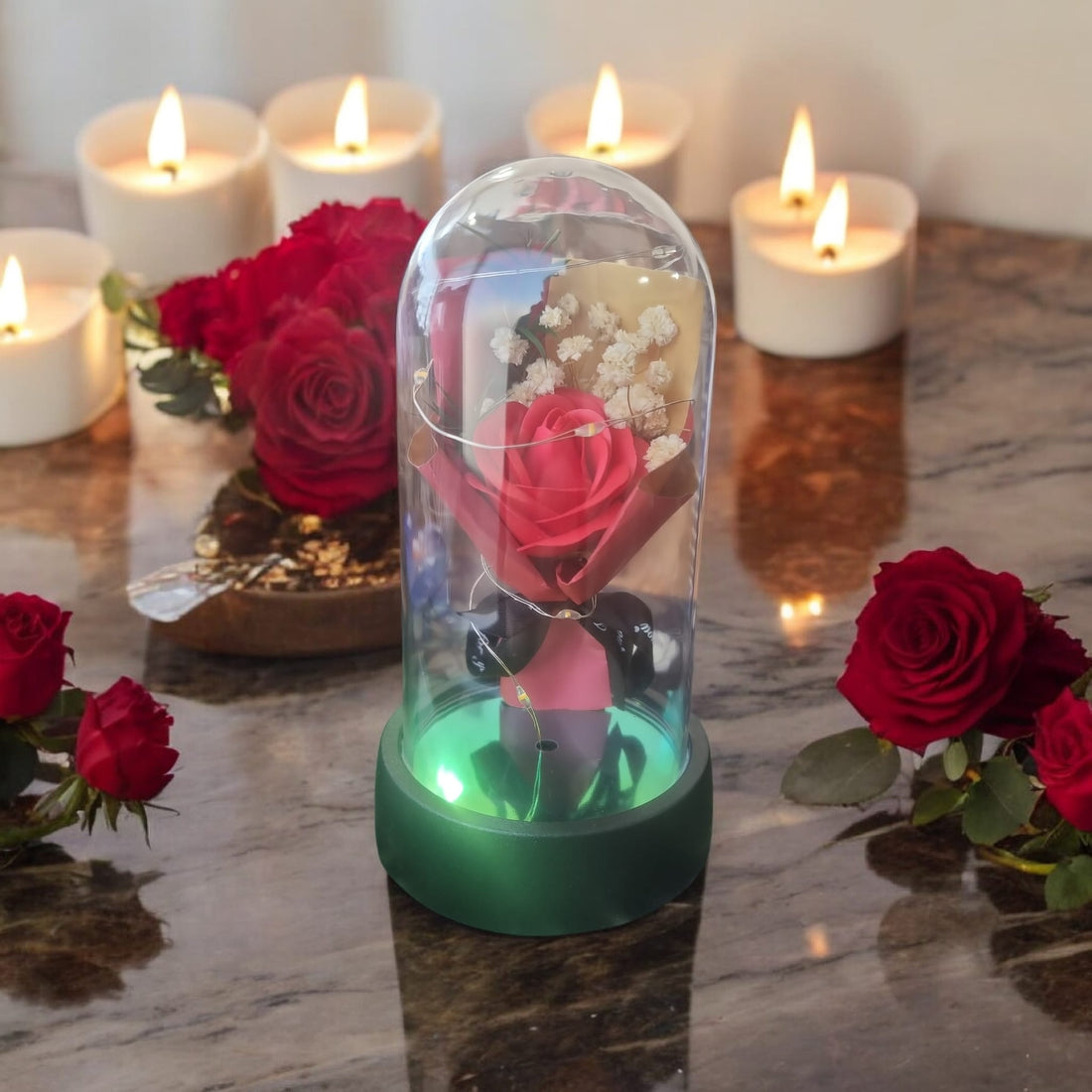 🌹✨ Single Red Rose Bouquet Glow Glass Dome Light – Small | LED Floral Display | A Perfect Valentine’s Gift - Auras Workshop Auras Workshop