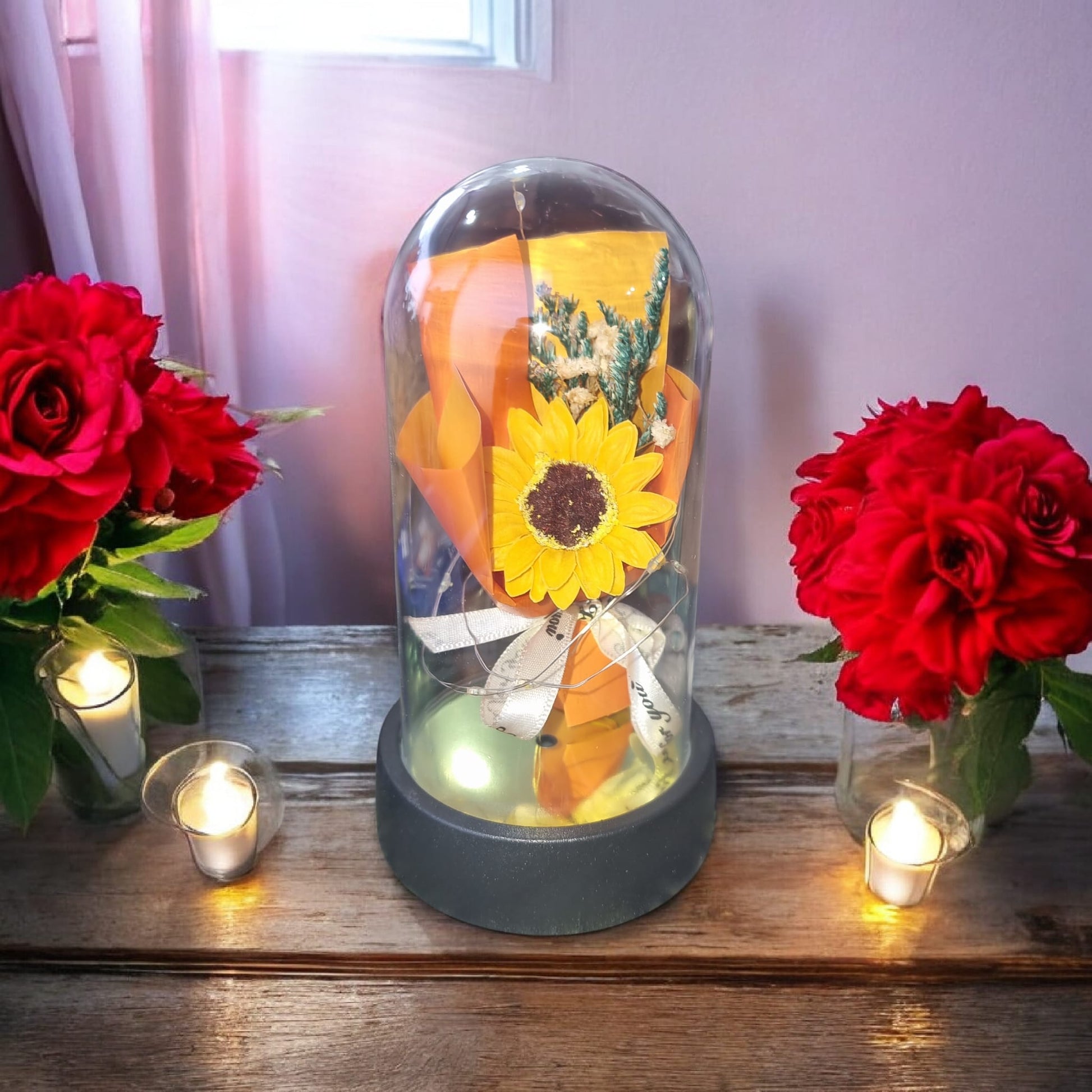 🌻✨ Single Sunflower Glow Glass Dome Light – Small | LED Floral Display | A Perfect Valentine’s Gift - Auras Workshop Auras Workshop