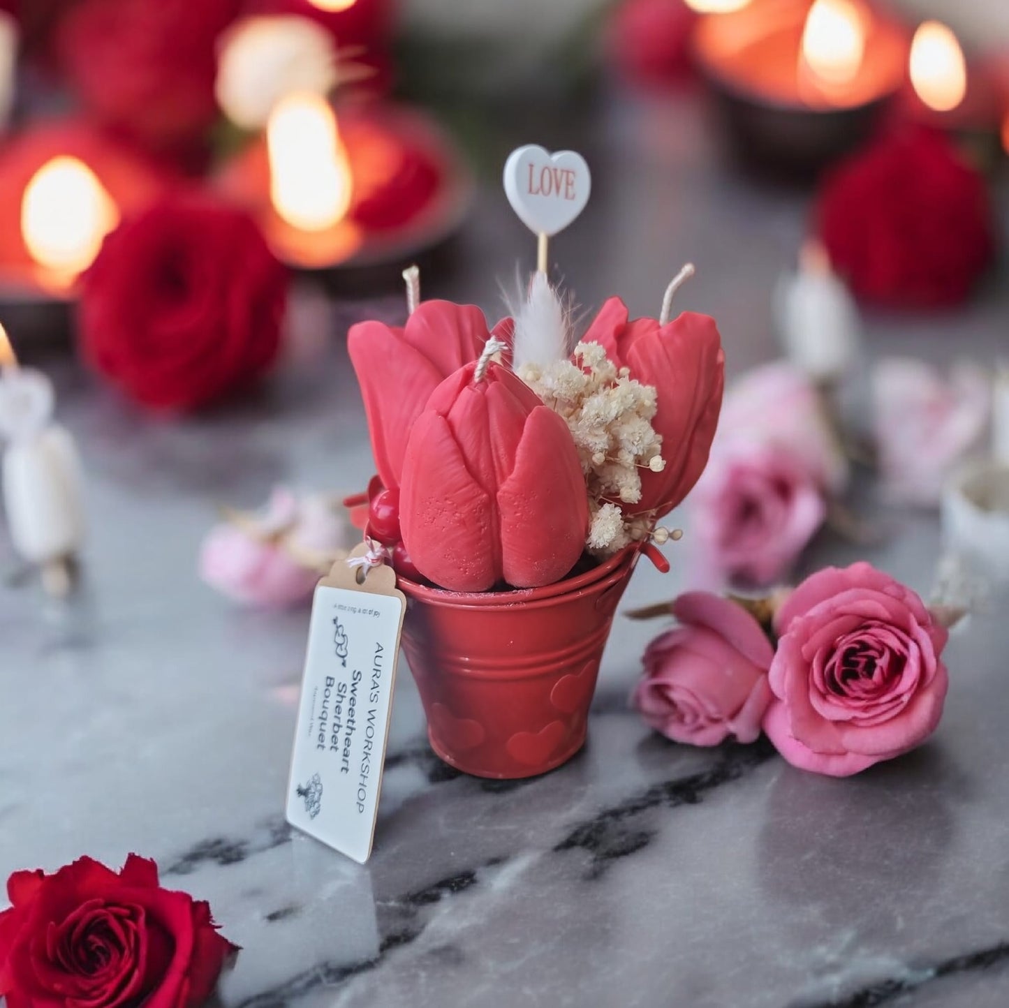 💖✨ Sweetheart Sherbet Candle Bouquet White Heart | Aura’s Workshop | A Little Zing, A Lot of Joy | Valentine’s Gift (Copy) - Auras Workshop Auras Workshop