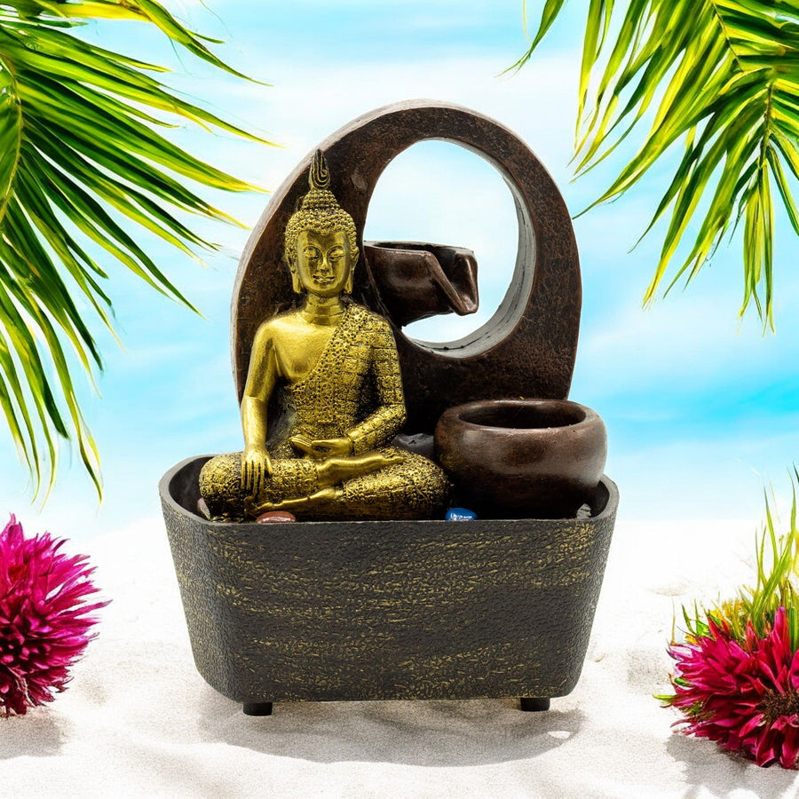 Tabletop Water Feature - 21.5cm - Golden Buddha & Pots