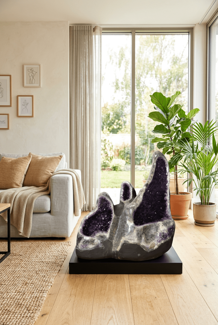 Triple Amethyst Geode Sculpture – 60–110 cm, 331 kg